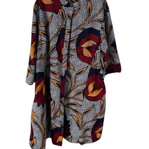 Zuri Kenya Kitenge Dress Sz 3X Multicolor Leave 3/4 Sleeve Button Front Cotton